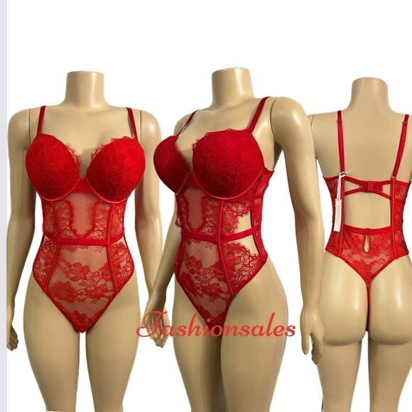 Victoria’s Secret Sexy Bombshell Push Up Adds 2 Cups Lace Teddy Bodysuit Red - Picture 9 of 10